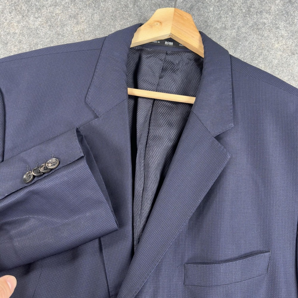 Hugo Boss Suit Jacket Mens 46R Blue 100% Virgin Wool Made USA Union Two Button